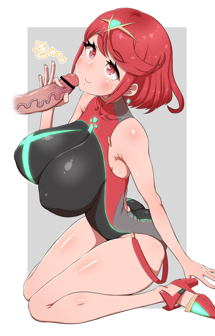 1boy 1girl bare_shoulders bob_cut breasts earrings handjob hetero high_heels highres jewelry large_breasts looking_up penis pyra_(xenoblade) red_eyes red_hair seiza sitting smile solo_focus swimsuit torathi xenoblade_chronicles_(series) xenoblade_chronicles_2