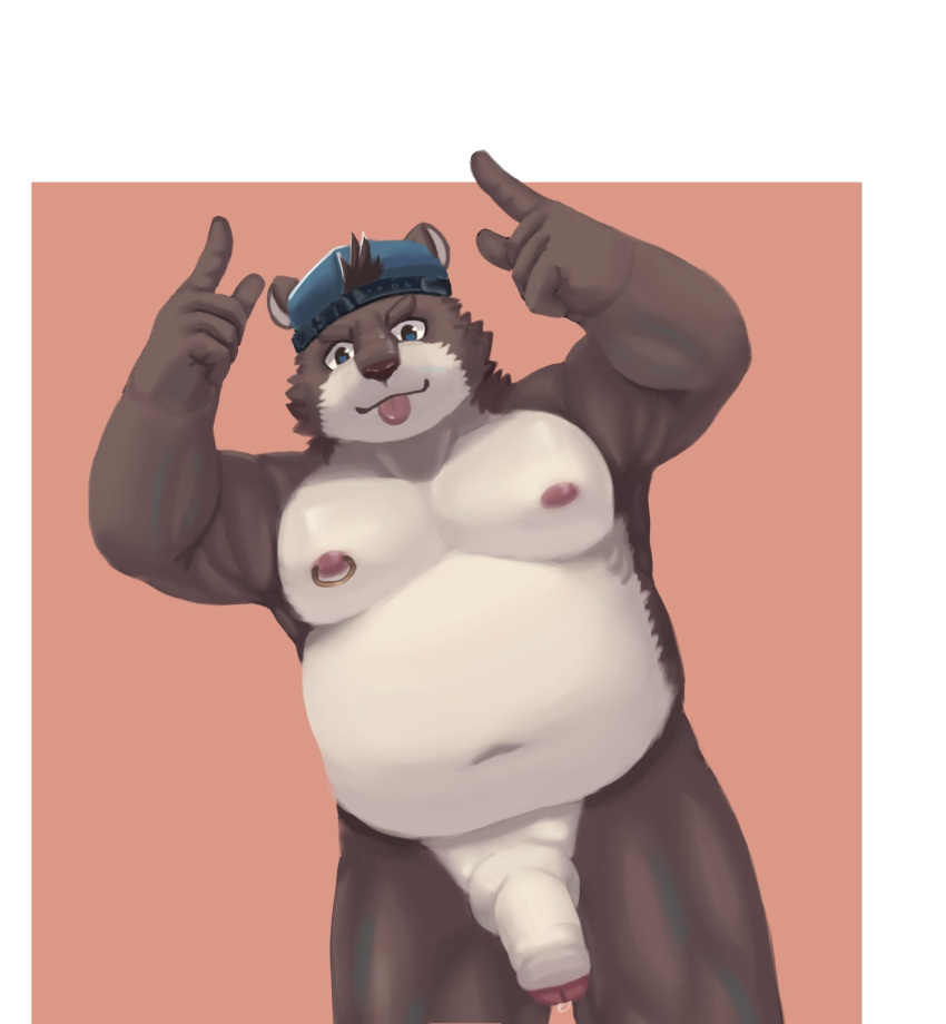 2020 aipangpangdeyua anthro balls belly brown_body brown_fur clothing flaccid fur genitals hat headgear headwear hi_res humanoid_hands kemono male mammal moobs navel nipples overweight overweight_male penis solo ursid