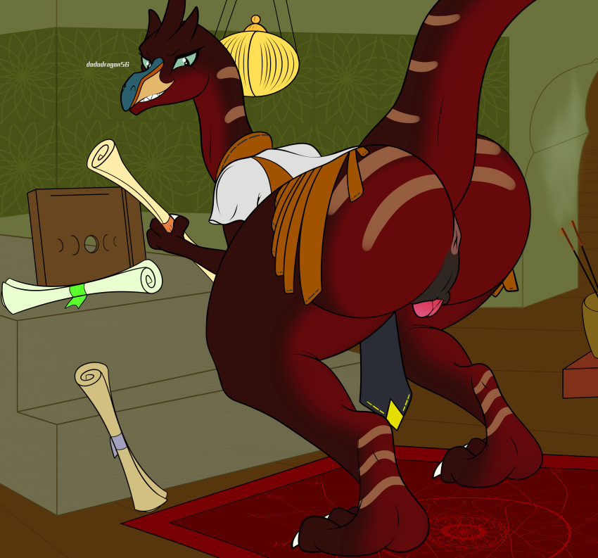 absurd_res animal_genitalia anthro anus carpet dinosaur dododragon56 flat_colors genitals green_eyes hi_res looking_at_viewer looking_back male mostly_nude nude penis penis_tip presenting red_body reptile scalie scrolls sheath solo thick_thighs