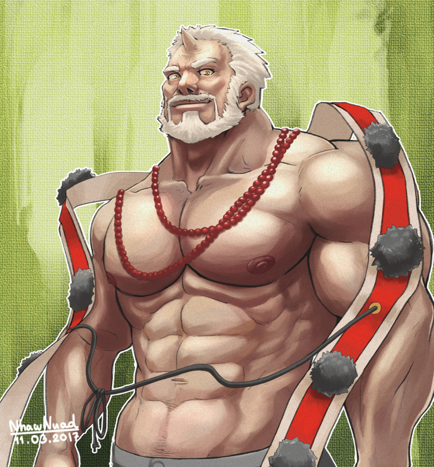 1boy abs bara bare_pecs bead_necklace beads beard chest_hair facial_hair highres hogen_(tokyo_houkago_summoners) horns jewelry looking_at_viewer male_focus muscular muscular_male navel navel_hair necklace nhawnuad nipples old old_man pectorals sash short_hair single_horn smile solo stomach tokyo_houkago_summoners upper_body white_hair yellow_eyes