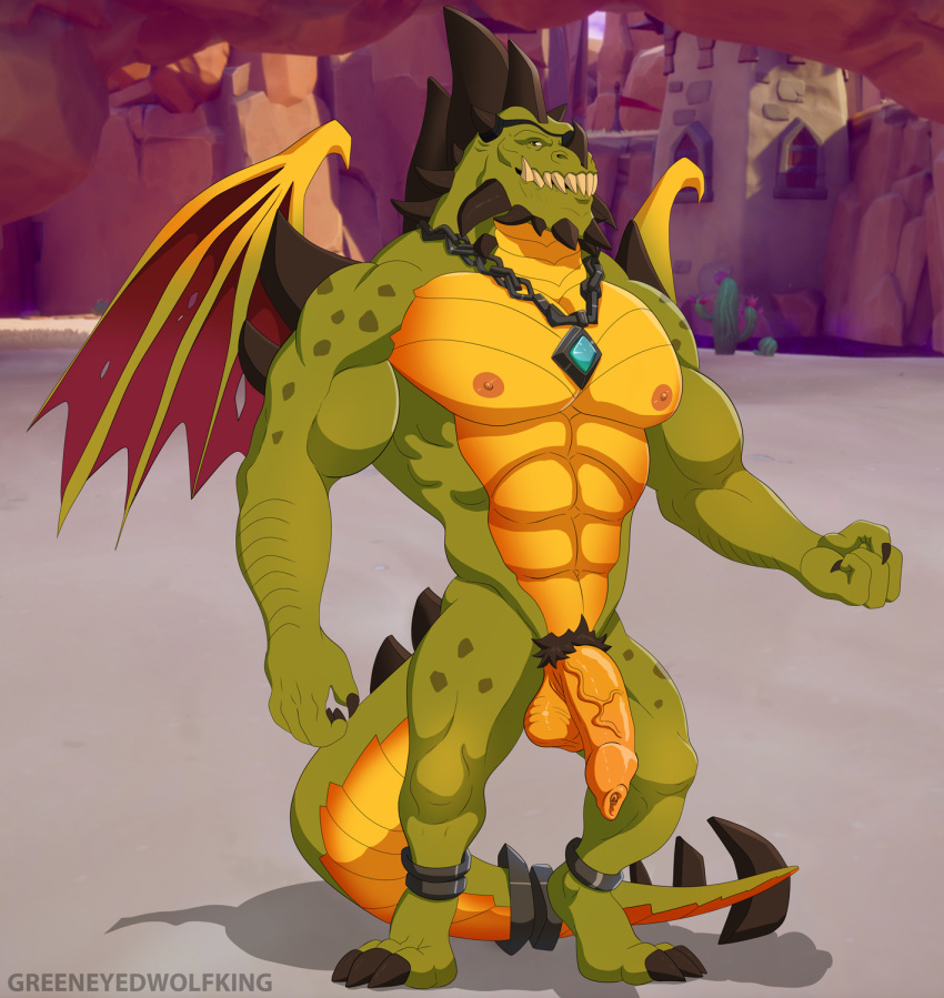 3_toes abs activision anthro artist_name balls cactus chain claws dragon eye_patch eyewear feet flaccid foreskin genitals green_body green_scales greeneyedwolfking gunnar_(spyro) hi_res horn humanoid_genitalia humanoid_penis jewelry male membrane_(anatomy) membranous_wings muscular muscular_anthro muscular_male necklace nipples nude pecs penis plant pubes rescued_dragons_(spyro) scales shadow sharp_teeth solo spikes spikes_(anatomy) spyro_reignited_trilogy spyro_the_dragon standing teeth toe_claws toes uncut vein veiny_penis video_games wings yellow_balls yellow_body yellow_penis yellow_scales