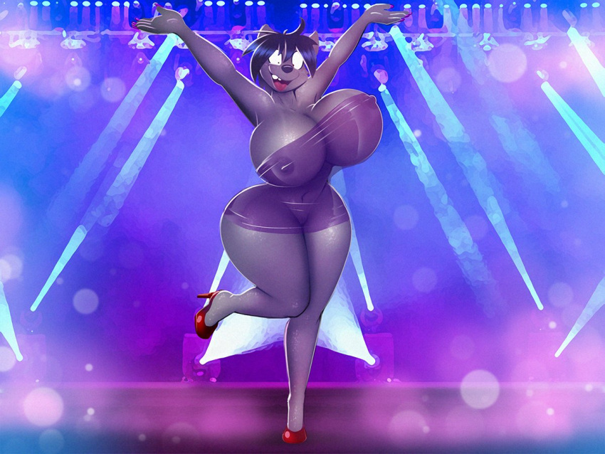 anthro areola big_breasts black_hair black_nose breasts canid canine canis clothing curvaceous curvy_figure dracojeff female footwear fur glistening glistening_body grey_body grey_fur hair happy high_heels hourglass_figure long_legs mammal minidress nipples performance performer phyco pose raised_arms raised_foot shoes small_waist smile solo stage stage_lights thick_thighs translucent translucent_clothing voluptuous wide_hips wolf