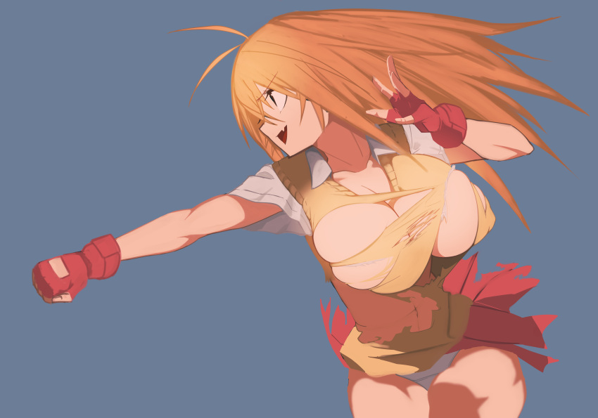 1girl absurdres antenna_hair artist_request breasts cleavage fingerless_gloves gloves highres ikkitousen large_breasts long_hair orange_hair panties red_skirt school_uniform short_sleeves skirt solo sonsaku_hakufu sweater_vest torn_clothes underwear