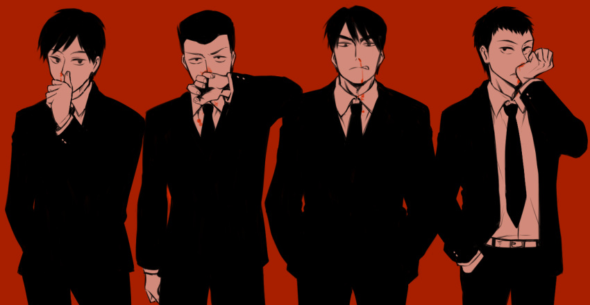 4boys black_neckwear black_suit blood chuukan_kanriroku_tonegawa doushita_kouji ebitani_(chuukan_kanriroku_tonegawa) hands_in_pockets male_focus monochrome multiple_boys necktie nosebleed red_background saemonsaburou_jirou simple_background yamazaki_kenji yomo_(rb_crr)