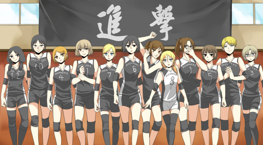 6+girls annie_leonhardt armband black_eyes black_hair black_legwear black_shirt black_shorts blonde_hair blue_eyes brown_eyes brown_hair character_request christa_renz closed_mouth clothes_writing commentary_request everyone expressionless freckles glasses graphite_(medium) haikyuu!! hange_zoe highres legband licking_lips looking_at_viewer mikasa_ackerman mina_carolina multiple_girls nanaba nifa_(shingeki_no_kyojin) orange_eyes orange_hair parody parted_lips petra_ral ponytail rico_brzenska sasha_braus shingeki_no_kyojin shirt short_hair short_twintails shorts sleeveless sleeveless_shirt smile sport sportswear standing thighhighs tied_hair tongue tongue_out traditional_media twintails volleyball_uniform white_shirt ymir_(shingeki_no_kyojin) yoon