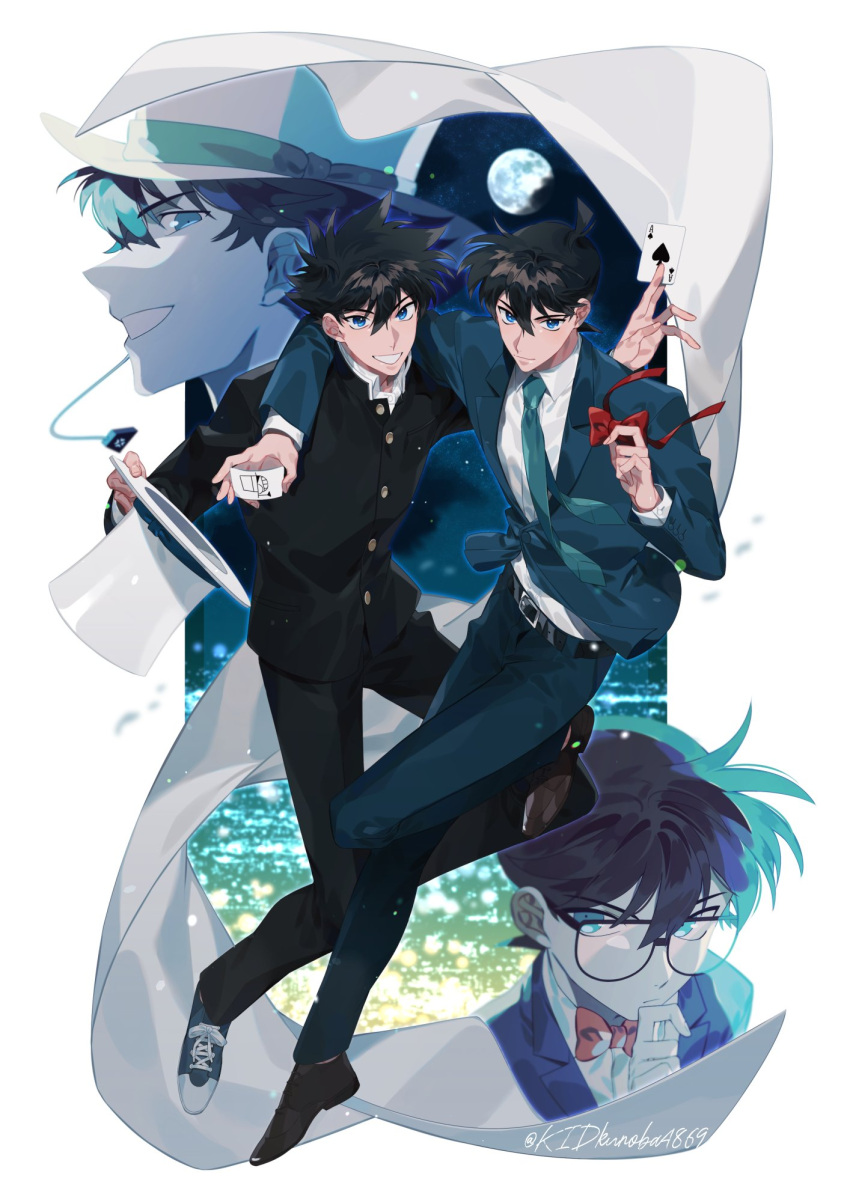 4boys ace_of_spades arm_around_shoulder bangs belt black_belt black_footwear black_hair black_jacket black_pants blue_eyes blue_jacket blue_neckwear blue_pants blue_suit bow bowtie card closed_mouth collared_shirt dress_shirt dual_persona edogawa_conan formal full_body full_moon gakuran glasses grin hair_between_eyes hat highres holding holding_bow holding_card holding_clothes holding_hat jacket joker kidkuroba4869 kudou_shin'ichi kuroba_kaito long_sleeves looking_at_viewer magic_kaito male_focus meitantei_conan moon multiple_boys necktie pants playing_card red_neckwear school_uniform shirt shoes short_hair smile sneakers suit thinking top_hat twitter_username upper_body white_background white_headwear white_shirt