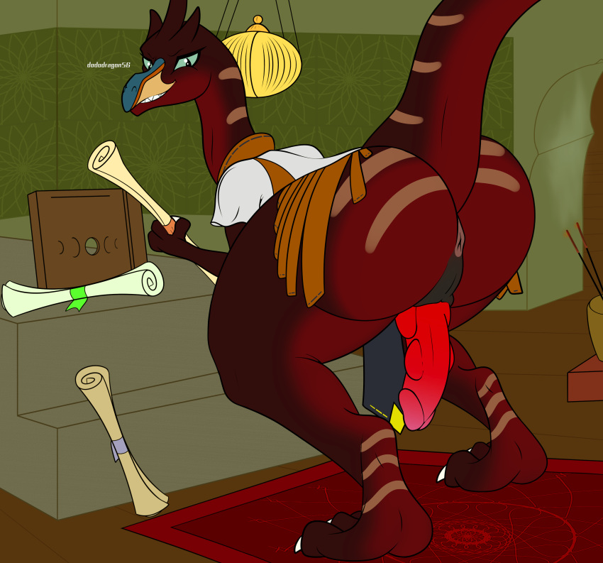 absurd_res anthro anus carpet dinosaur dododragon56 erection flat_colors genitals green_eyes hi_res looking_at_viewer looking_back male mostly_nude nude penis presenting red_body reptile scalie scrolls solo thick_thighs