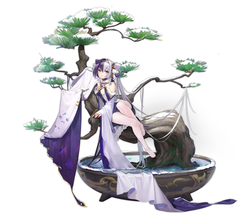 1girl azur_lane bare_shoulders blue_eyes blush dress feet fur-trimmed_sleeves fur_trim hair_ornament highres in_tree long_hair looking_at_viewer multicolored_hair official_alternate_costume official_art open_mouth pantyhose sitting sitting_in_tree smile snow transparent_background tree tree_branch two-tone_hair very_long_hair white_dress white_legwear ying_swei_(azur_lane) ying_swei_(snowy_pine's_warmth)_(azur_lane) yyy_(zelda10010)