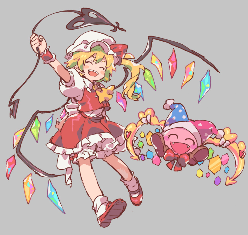 1girl akiyoku blonde_hair bloomers blue_headwear blush_stickers bow bowtie brown_footwear closed_eyes commentary cravat crossover crystal english_commentary fangs flandre_scarlet full_body grey_background hat heart highres holding jester_cap kirby_(series) laevatein long_hair marx mary_janes open_mouth outstretched_arm puffy_short_sleeves puffy_sleeves red_bow red_footwear red_headwear red_neckwear red_skirt red_vest shirt shoes short_sleeves side_ponytail simple_background skirt smile touhou trait_connection underwear vest white_headwear white_legwear white_shirt wings wrist_cuffs yellow_neckwear