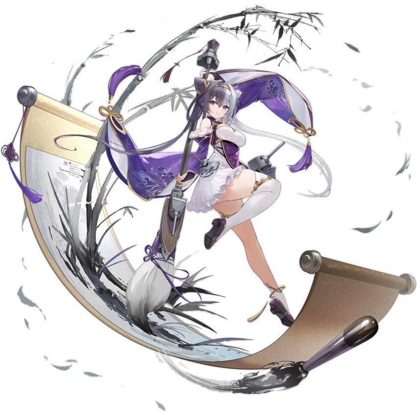 1girl azur_lane bamboo bare_shoulders blush breasts calligraphy_brush chinese_clothes cleavage_cutout clothing_cutout detached_sleeves dress eyebrows_visible_through_hair highres ink leg_up long_hair looking_at_viewer medium_breasts multicolored_hair official_art paintbrush print_sleeves purple_dress purple_footwear purple_hair scroll single_thighhigh smile thighhighs torpedo transparent_background turret twintails two-tone_hair white_hair white_legwear wide_sleeves ying_swei_(azur_lane) yyy_(zelda10010)