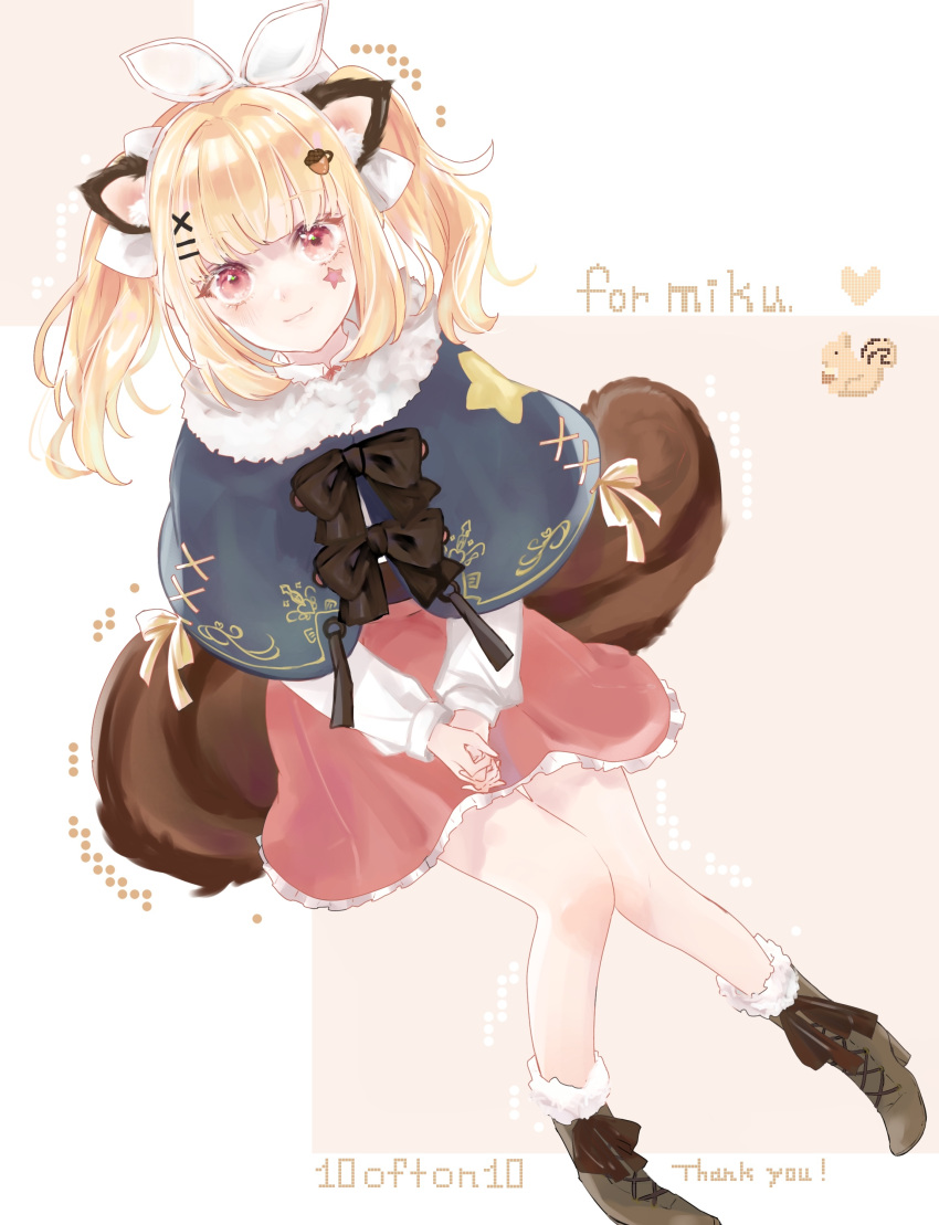 10ofton10 1girl absurdres animal_ears bangs blonde_hair commission eyebrows_visible_through_hair food_themed_hair_ornament fur_collar hair_ornament hair_ribbon hairclip highres indie_virtual_youtuber ribbon risu_(oppabo) solo star_(symbol) tail twintails_day white_background