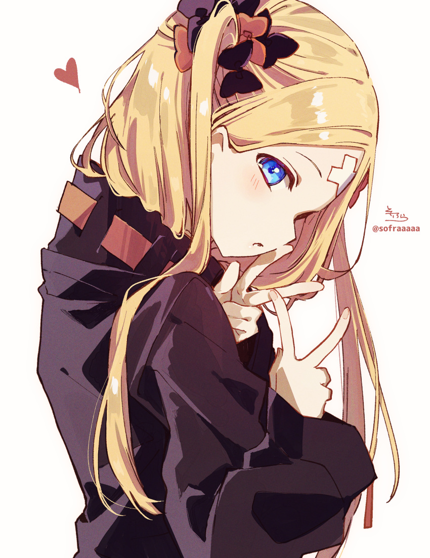 1girl abigail_williams_(fate) absurdres alternate_hairstyle bangs black_bow black_jacket blonde_hair blue_eyes blush bow crossed_bandaids double_w fate/grand_order fate_(series) from_side hair_bow hands_up heart heroic_spirit_traveling_outfit highres jacket long_hair long_sleeves looking_at_viewer looking_to_the_side orange_bow parted_bangs profile signature simple_background sleeves_past_wrists sofra solo twitter_username two_side_up very_long_hair w white_background