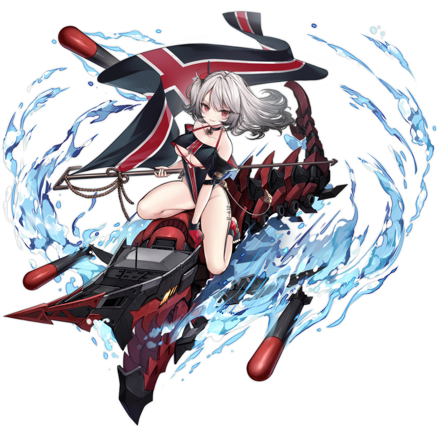 1girl alic_miao azur_lane bangs bare_shoulders black_footwear breasts cross cross_necklace flag gloves grey_hair highres holding holding_flag iron_blood_(emblem) iron_cross jewelry looking_at_viewer machinery medium_breasts mole mole_under_eye necklace official_art one_side_up open_toe_shoes red_eyes red_gloves riding riding_machine rigging single_glove swimsuit tattoo thighs torpedo transparent_background u-410_(azur_lane) underboob