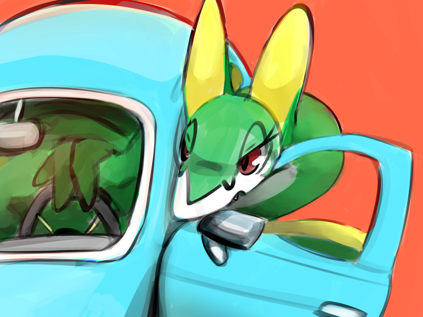 4:3 absurd_res ambiguous_gender car driving eyelashes hi_res neaudle nintendo orange_background pok&eacute;mon pok&eacute;mon_(species) red_eyes serpentine serperior simple_background solo vehicle video_games