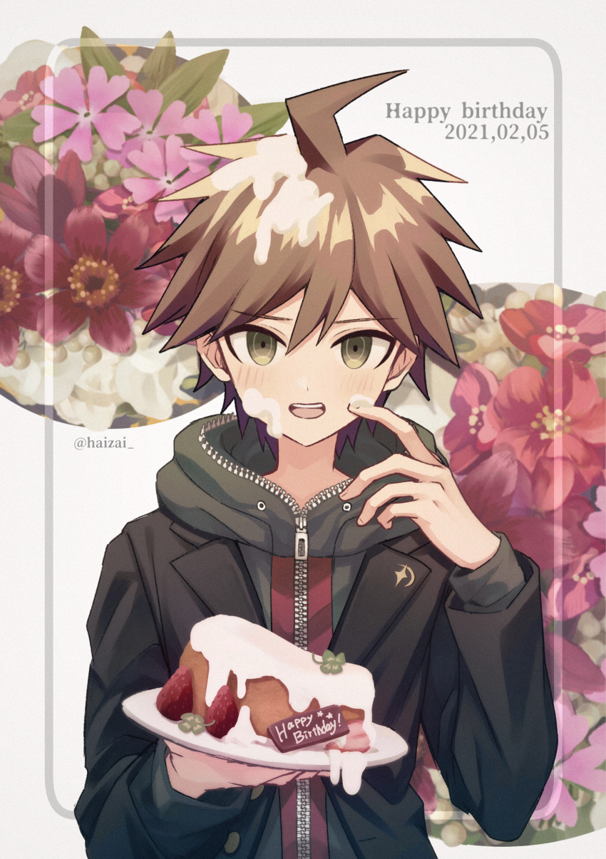 1boy absurdres ahoge bangs blush brown_eyes brown_hair cake commentary_request cream cream_on_body cream_on_face danganronpa:_trigger_happy_havoc danganronpa_(series) dated floral_print flower food food_on_face fruit green_eyes hair_between_eyes hand_up happy_birthday highres holding holding_plate hood hood_down hoodie jacket long_sleeves looking_at_viewer male_focus naegi_makoto open_clothes open_mouth plate scratching_cheek shiny shiny_hair short_hair smile solo spiked_hair striped takagiri upper_body upper_teeth