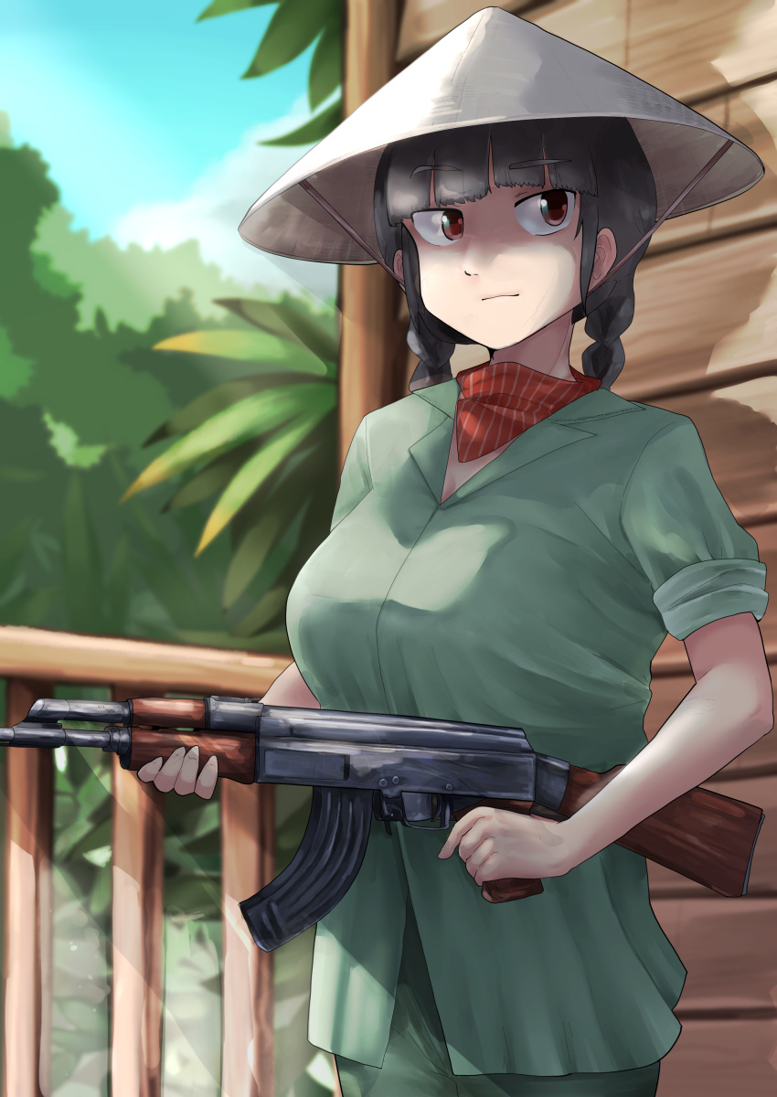 1girl absurdres ak-47 assault_rifle bangs black_hair blue_sky blunt_bangs braid breasts closed_mouth cloud commentary_request cookie_(touhou) cowboy_shot day eyebrows_visible_through_hair fuka_(kantoku) green_pants green_shirt green_tea_(cookie) gun hat highres holding holding_gun holding_weapon large_breasts light_rays long_hair looking_to_the_side outdoors palm_tree pants railing red_eyes rice_hat rifle shirt short_sleeves sky solo standing touhou tree twin_braids viet_cong vietnam_war weapon yatadera_narumi