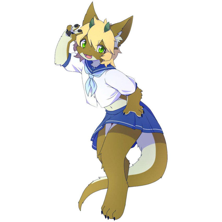 1:1 alpha_channel anthro blonde_hair bottomwear brown_body brown_fur clothed clothing crossdressing dev_voxy dragon ear_tuft fur furred_dragon gesture girly green_eyes hair horn king_(character) looking_at_viewer male open_mouth pose sailor_uniform skirt smile solo tuft v_sign