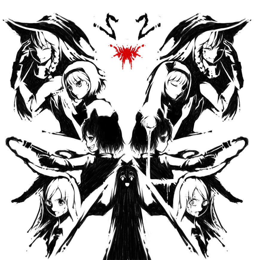 5girls :d alice_margatroid animal_ears bangs blood blood_on_face blouse bow braid character_name closed_eyes closed_mouth commentary_request constricted_pupils cookie_(touhou) dress empty_eyes eyebrows_visible_through_hair flamethrower grin gun hair_bow hairband hakurei_reimu hand_to_forehead hat highres hisui_(cookie) holding holding_gun holding_weapon ichigo_(cookie) inkblot_test kirisame_marisa long_hair long_sleeves looking_at_another looking_at_viewer mouse_ears multiple_girls nazrin necktie noel_(cookie) nyon_(cookie) open_mouth own_hands_together partially_colored rabbit_girl reisen_udongein_inaba sharp_teeth short_hair silhouette single_braid smile suzu_(cookie) sweat sweating_profusely symmetry teeth touhou tsuno_(nicoseiga11206720) upper_body weapon white_background witch_hat