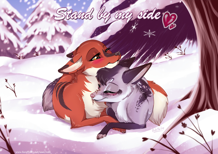 &lt;3 2021 amber_eyes black_body black_fur black_nose blue_sky blush canid canine colored cuddling detailed_background digital_media_(artwork) dipstick_ears dipstick_tail duo duo_focus english_text female feral fox fur group looking_at_another male mammal multicolored_body multicolored_ears multicolored_fur multicolored_tail one_eye_closed orange_body orange_fur paws pink_nose plant rukifox shaded signature sky smile snow snowing spots spotted_body spotted_fur striped_body striped_fur stripes text tree two_tone_body two_tone_fur white_body white_fur winter