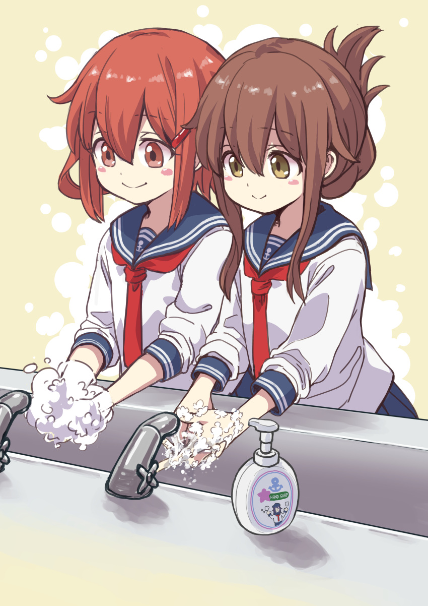 2girls absurdres akatsuki_(kantai_collection) anchor_symbol black_sailor_collar black_skirt blush_stickers brown_eyes brown_hair closed_mouth eyebrows_visible_through_hair folded_ponytail hair_between_eyes hair_ornament hairclip highres ikazuchi_(kantai_collection) inazuma_(kantai_collection) kantai_collection long_hair long_sleeves multiple_girls neckerchief pleated_skirt red_neckwear sailor_collar school_uniform serafuku skirt smile unagiman washing washing_hands