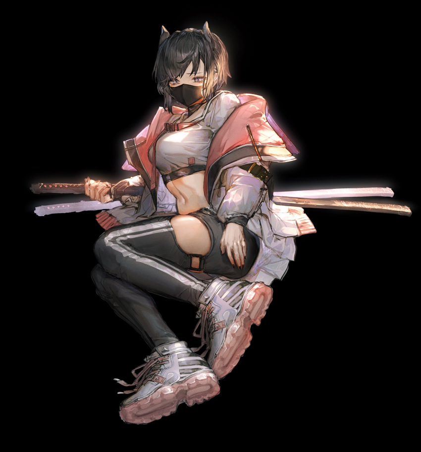 1girl animal_ears black_background black_hair black_legwear black_nails breasts clothing_cutout covered_mouth crop_top detached_leggings fingernails full_body hand_on_hilt highres jacket katana legs_together mask medium_breasts midriff mouth_mask multiple_swords navel nonokuro o-ring o-ring_legwear open_clothes open_jacket original purple_eyes sheath sheathed shoes short_hair sidelighting silver_jacket sneakers solo striped striped_legwear surgical_mask sword thigh_cutout thighs toned vertical-striped_legwear vertical_stripes weapon white_footwear