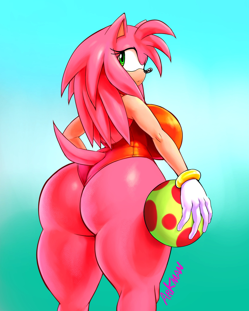 absurd_res alternate_hairstyle amy_rose anthro arkanman ball beach_ball big_breasts big_butt blue_background breasts butt clothing eulipotyphlan female gloves gradient_background green_background green_eyes hair handwear hedgehog hi_res long_hair looking_at_viewer looking_back looking_back_at_viewer mammal one-piece_swimsuit pink_body pink_hair side_boob simple_background solo sonic_the_hedgehog_(series) swimwear thick_thighs tight_clothing wide_hips