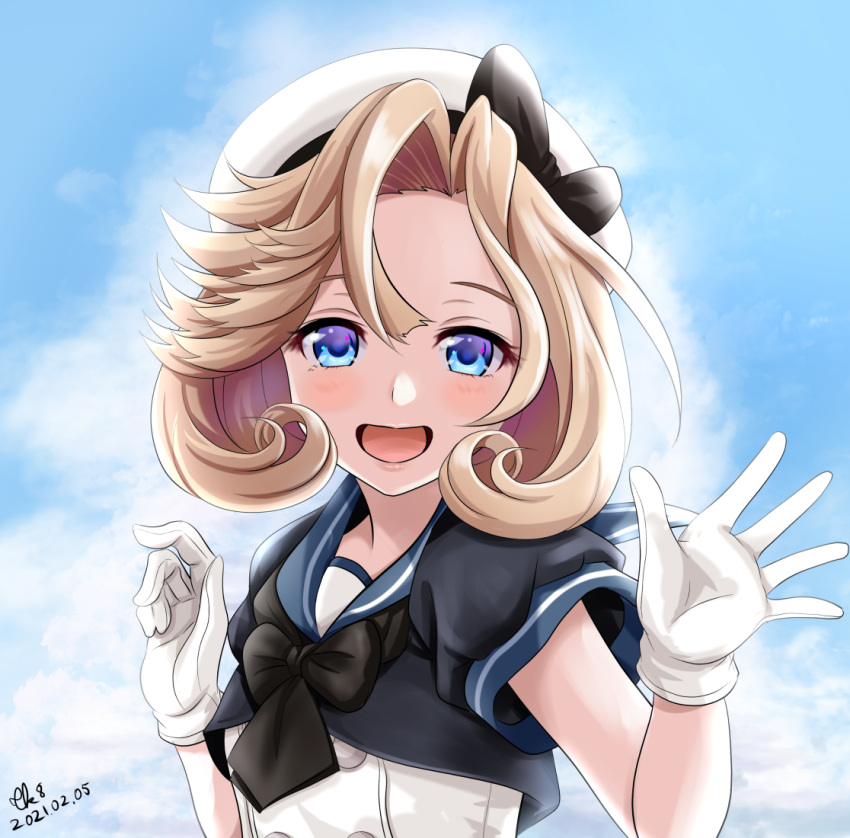 1girl :d artist_name blonde_hair blue_eyes blue_sailor_collar blush dated dress gloves hat janus_(kantai_collection) kantai_collection open_mouth sailor_collar sailor_dress sailor_hat shirt short_hair short_sleeves signature smile solo tk8d32 upper_body white_gloves white_headwear white_shirt