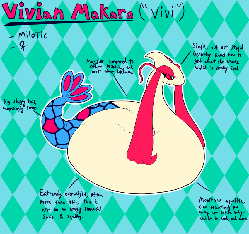 belly big_belly chubby_female english_text female feral hi_res milotic nintendo overweight overweight_female overweight_feral pok&eacute;mon pok&eacute;mon_(species) red_eyes reptile scalie serpentine simple_background snake solo solo_focus text thick_tail video_games vivian_makara vvmilotic