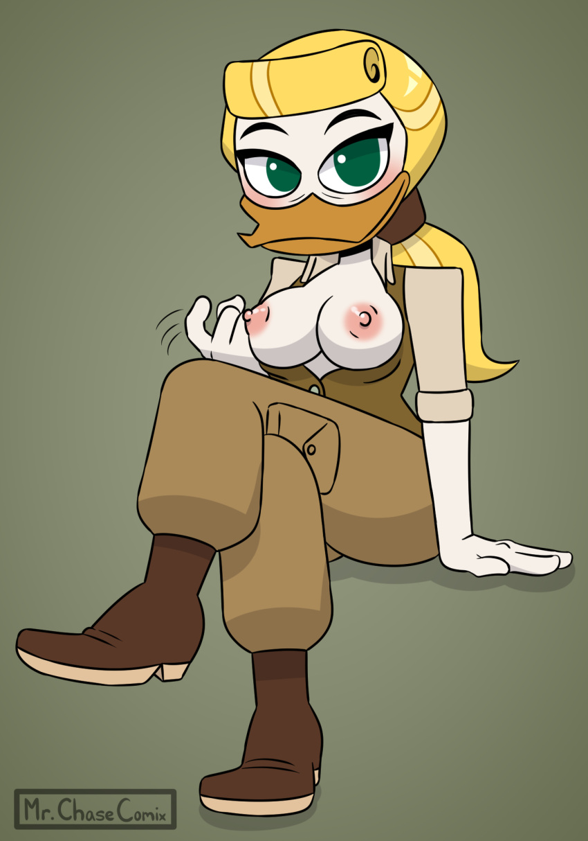 2021 anatid anseriform anthro avian beak bird blonde_hair blush boots breasts clothing disney duck ducktales ducktales_(2017) exposed_breasts female footwear glittering_goldie goldie_o'gilt green_eyes hair hi_res mrchasecomix nipples ponytail sitting solo
