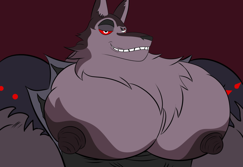 2021 absurd_res anthro canid canid_demon canine canis demon eye_scar facial_scar fur growth hellhound helluva_boss hi_res huge_pecs looking_at_viewer male mammal muscle_growth muscleartguy muscular muscular_anthro muscular_male neck_tuft pecs pecs_expansion scar simple_background smile smirk solo teeth tuft vortex_(vivzmind) wolf