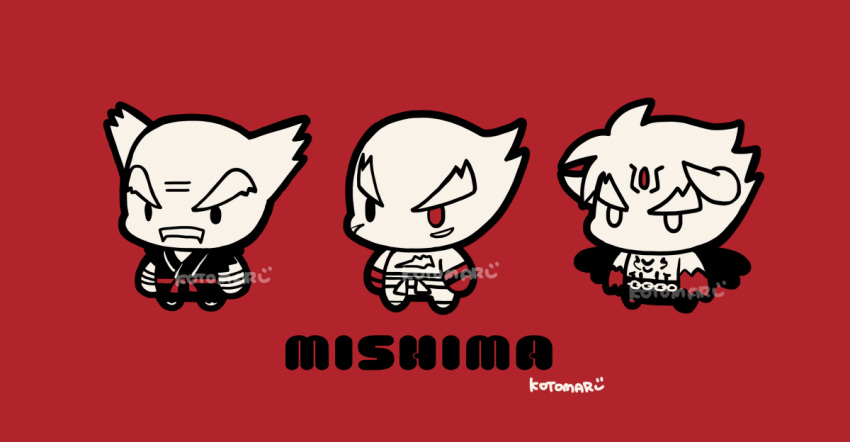 3boys balding belt chain character_name chest_tattoo chibi devil_jin dougi facial_hair forehead_jewel gloves heterochromia horns kazama_jin kotorai looking_ahead male_focus mishima_heihachi mishima_kazuya monochrome multiple_boys mustache scar scar_on_chest short_hair signature tattoo tekken thick_eyebrows v-shaped_eyebrows wings