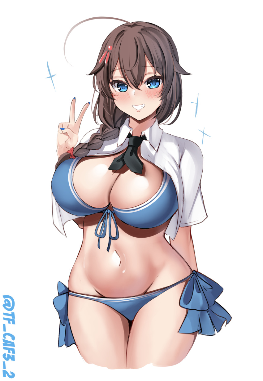 1girl bikini blue_bikini blue_eyes blush braid breasts brown_hair commentary_request cowboy_shot front-tie_bikini_top front-tie_top hair_between_eyes hat highres kantai_collection large_breasts legs_together long_hair navel official_alternate_costume open_clothes open_mouth open_shirt shigure_(kancolle) shigure_kai_san_(kancolle) shirt side-tie_bikini_bottom simple_background single_braid smile solo straw_hat swimsuit tf_cafe twitter_username white_background white_shirt