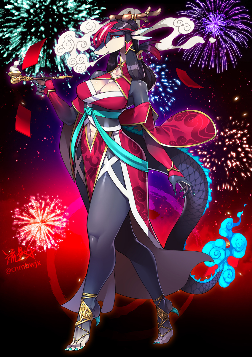 1girl aerial_fireworks bare_shoulders barefoot_sandals black_hair blowing_smoke blue_eyes breasts chinese_zodiac cleavage clothing_cutout colored_skin commentary_request detached_sleeves dragon_ears dragon_girl dragon_horns dragon_tail fingernails fireworks full_body furry furry_female hair_ornament highres holding holding_smoking_pipe horn_ornament horns japanese_clothes kimono kiseru long_hair looking_at_viewer multicolored_hair navel navel_cutout night obi original red_hair red_kimono ryuusei_(mark_ii) sash scales sharp_fingernails sharp_toenails signature smoke smoking_pipe snout solo tail toenails two-tone_hair year_of_the_dragon