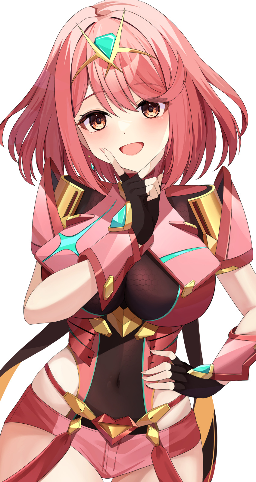1girl absurdres black_gloves blush breasts covered_navel dangle_earrings earrings finger_to_own_chin fingerless_gloves gloves hand_on_own_hip hand_up hexagon_print highres impossible_clothes jewelry kaede_(maple4rt) large_breasts looking_at_viewer open_mouth pyra_(xenoblade) red_eyes red_hair red_shorts short_hair short_shorts shorts smile solo swept_bangs tiara white_background xenoblade_chronicles_(series) xenoblade_chronicles_2