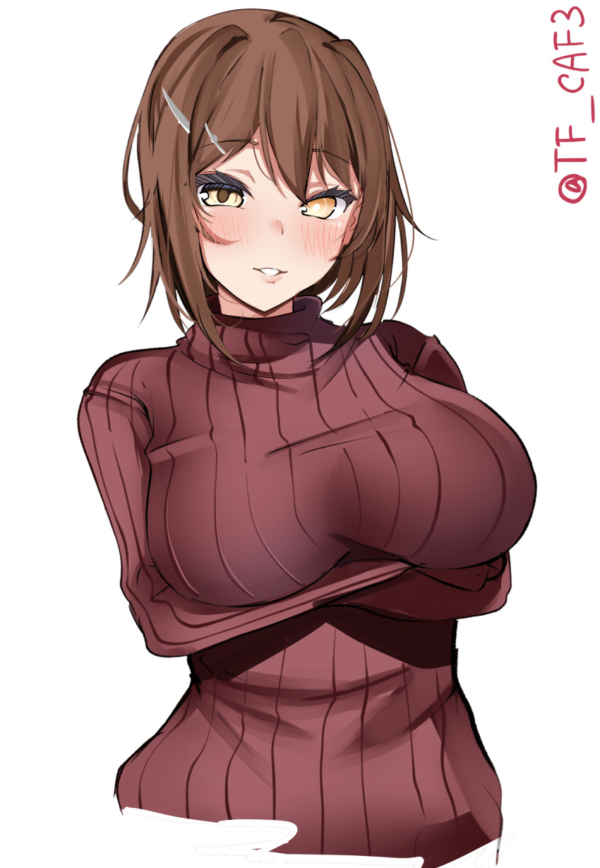 1girl alternate_costume arms_under_breasts blush breasts brown_hair cropped_torso crossed_arms furutaka_(kancolle) glowing glowing_eye hair_between_eyes hair_ornament hairclip highres kantai_collection large_breasts long_sleeves looking_at_viewer parted_lips red_sweater ribbed_sweater short_hair simple_background smile solo sweater teeth tf_cafe turtleneck turtleneck_sweater twitter_username upper_body white_background yellow_eyes