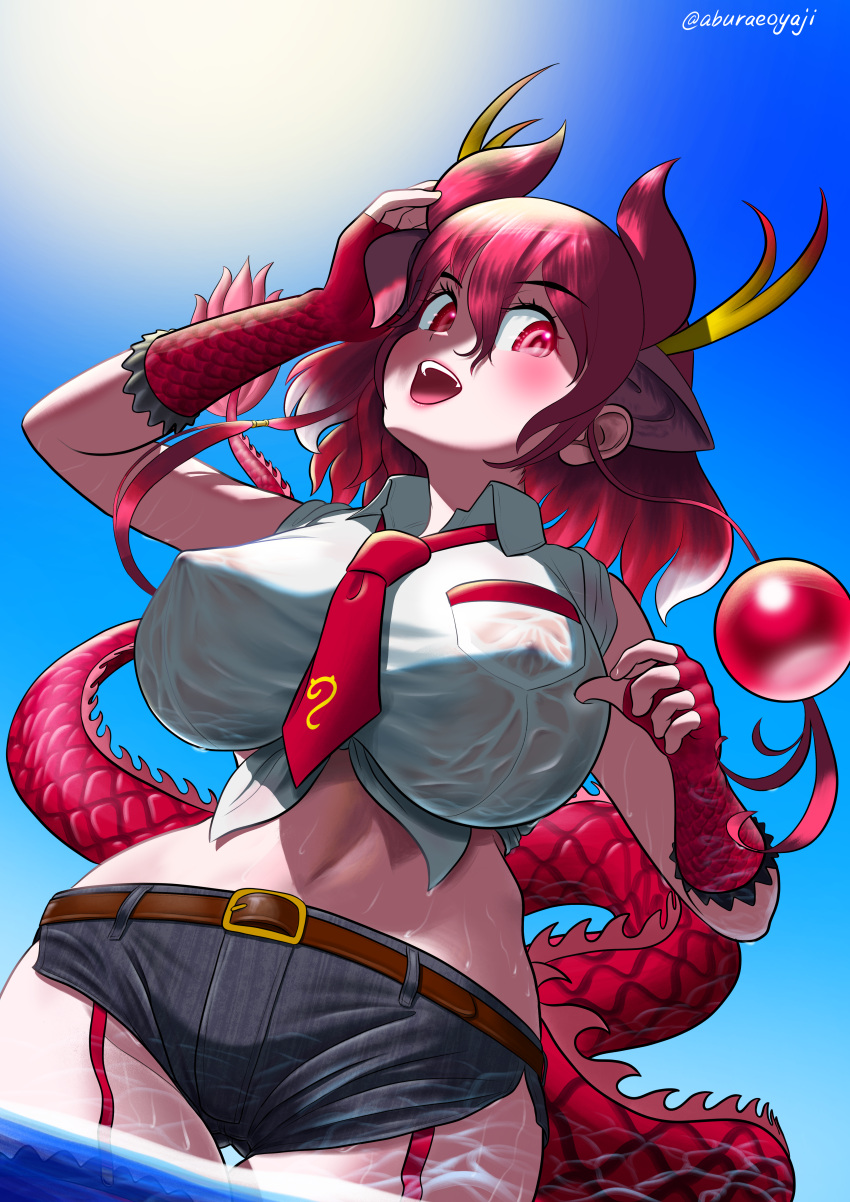 1girl absurdres aburaeoyaji arm_up bare_shoulders belt blue_sky blush breast_pocket breasts brown_belt collared_shirt covered_nipples cowboy_shot day denim denim_skirt dragon_ears dragon_girl dragon_horns dragon_tail dutch_angle extra_ears fingerless_gloves garter_straps gloves hair_between_eyes hair_horns hand_up highres horns impossible_clothes impossible_shirt kemono_friends kemono_friends_3 lips looking_at_viewer medium_hair midriff multicolored_hair multicolored_horns multiple_horns navel necktie nipples no_bra open_mouth outdoors pink_eyes pink_hair pocket print_gloves red_dragon_(kemono_friends) red_garter_straps red_horns red_necktie scale_print see-through see-through_shirt shirt short_shorts shorts skirt sky sleeveless sleeveless_shirt smile solo stomach sun tail thigh_gap tied_shirt traditional_media two-tone_hair wading water wet wet_clothes wet_shirt white_hair white_shirt wing_collar yellow_horns