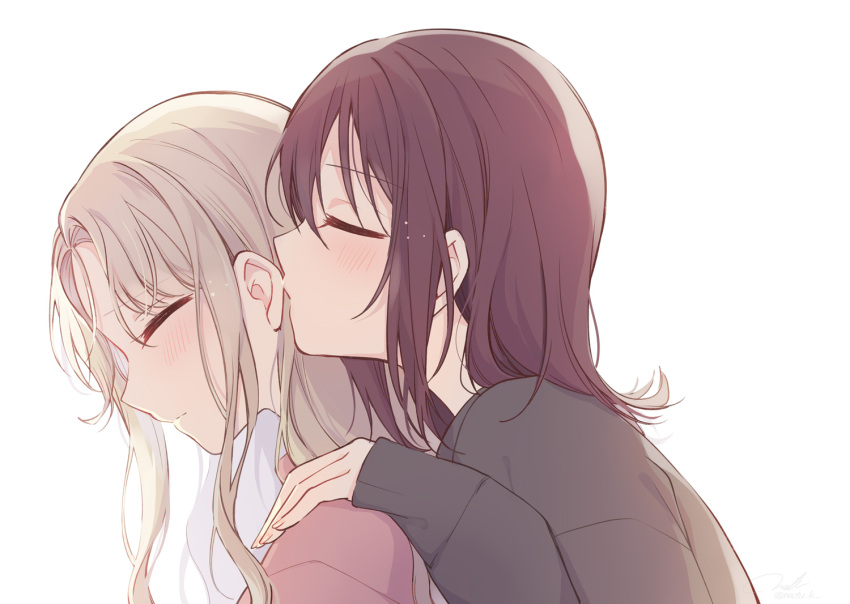 2girls black_shirt blush brown_hair closed_eyes closed_mouth commentary_request hand_on_another's_shoulder hazuki_natsu kissing_ear light_brown_hair long_hair long_sleeves medium_hair multiple_girls original pink_shirt shirt simple_background upper_body white_background yuri