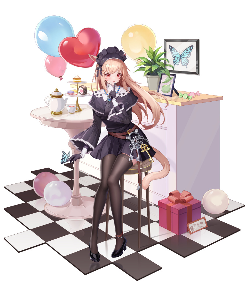 1girl absurdres animal_ears balloon belt black_capelet black_dress black_footwear black_gloves black_headdress box brown_hair brown_thighhighs bug butterfly butterfly_on_hand capelet cat_ears cat_tail checkered_floor cup drawer dress final_fantasy final_fantasy_xiv finger_to_own_chin food full_body gift gift_box gloves heart_balloon high_heels highres jewelry key keychain korpokkur_(final_fantasy) light_smile long_bangs long_hair looking_at_viewer macaron miqo'te necklace open_mouth pantyhose photo_(object) picture_frame plant pleated_skirt potted_plant red_eyes simple_background sitting skirt solo stool tail teacup teapot thighhighs tokiha_reimu turtleneck_capelet warrior_of_light_(ff14) wide_sleeves wrapped_candy