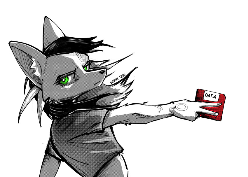 absurd_res arctic_fox big_ears black_hair canid canine determined female floppy_disk fox green_eyes hair hi_res mammal pigtails pose sasha_(system_exception) sidpoke size_difference smaller_female solo