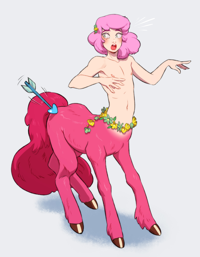 2024 blush cupid's_arrow green_eyes hair hi_res hooves humanoid humanoid_taur looking_back male navel nipples open_mouth pink_body pink_hair ripushko simple_background solo taur