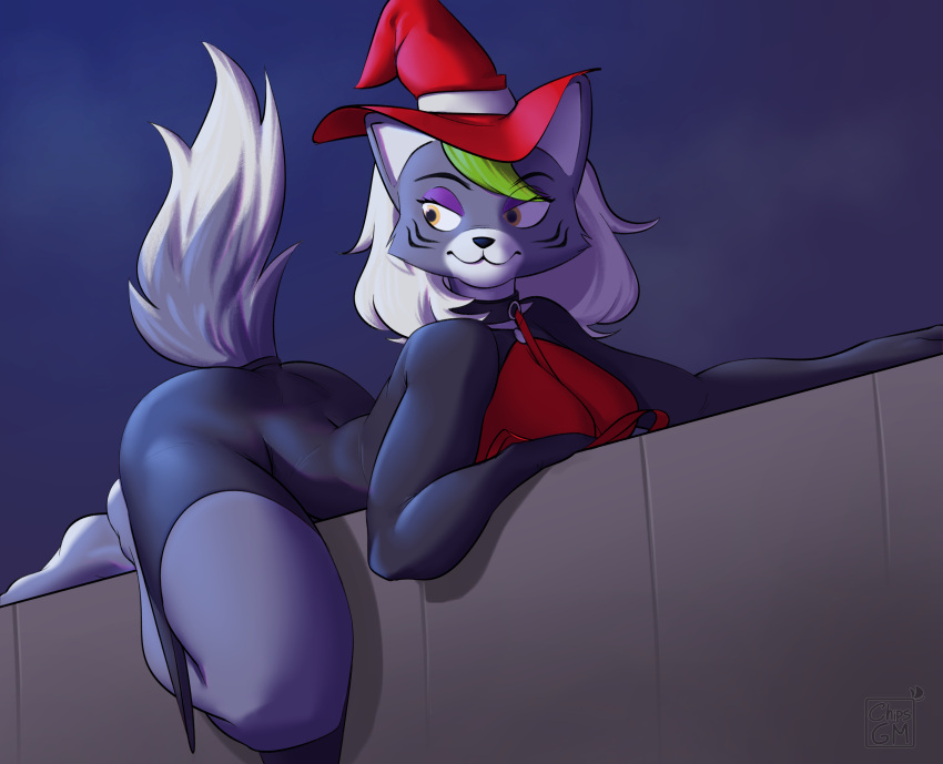 2023 anthro barefoot bedroom_eyes big_breasts big_butt black_clothing black_dress breasts butt canid canine canis chipsgm clothed clothing collar digital_drawing_(artwork) digital_media_(artwork) dress eyeshadow facial_markings feet female five_nights_at_freddy's five_nights_at_freddy's:_security_breach fur green_hair green_highlights grey_body hair hat head_markings headgear headwear hi_res highlights_(coloring) leash leashed_collar legwear long_hair looking_away lying makeup mammal markings narrowed_eyes night on_front purple_body purple_fur raised_tail red_clothing roxanne_wolf_(fnaf) scottgames seductive simple_background smile solo steel_wool_studios tail thigh_highs wall_(structure) watermark white_hair wide_hips wolf yellow_eyes