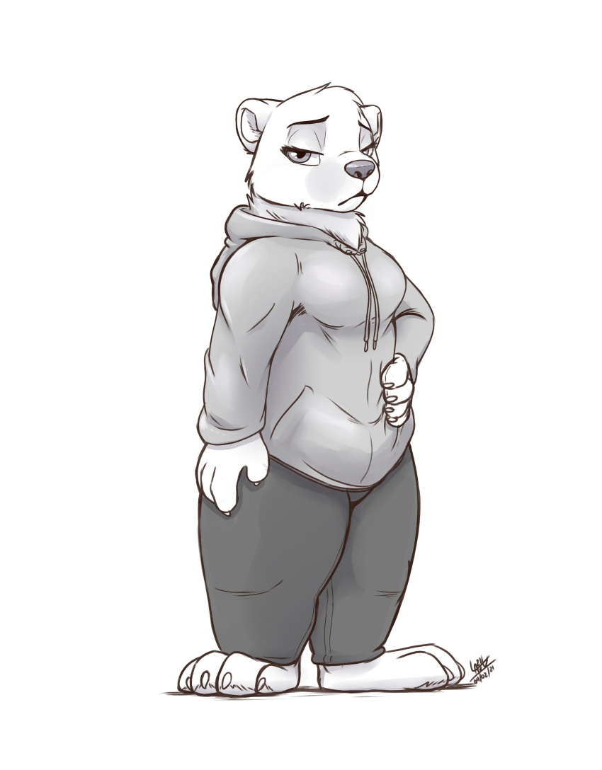 2021 absurd_res anthro barefoot bottomwear breasts clothed clothing female full-length_portrait fully_clothed fur head_tuft hi_res hoodie looking_at_viewer louart mammal pants polar_bear portrait signature simple_background solo standing topwear tuft ursid ursine white_background