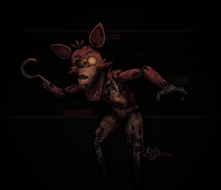 2020 animatronic anthro big_ears black_background bottomwear brown_body canid canine clothed clothing eye_patch eyewear fangs five_nights_at_freddy's fox foxy_(fnaf) fur glowing glowing_eyes hi_res hook hook_hand inkart_flow looking_at_viewer machine male mammal metal metallic metallic_body multicolored_body nightmare_fuel open_mouth orange_eyes pirate pseudo_clothing raised_arm red_body red_fur robot robotic_hand robotic_legs rust scary sharp_teeth shorts simple_background slouching solo standing tan_body teeth torn_body video_games wide_eyed