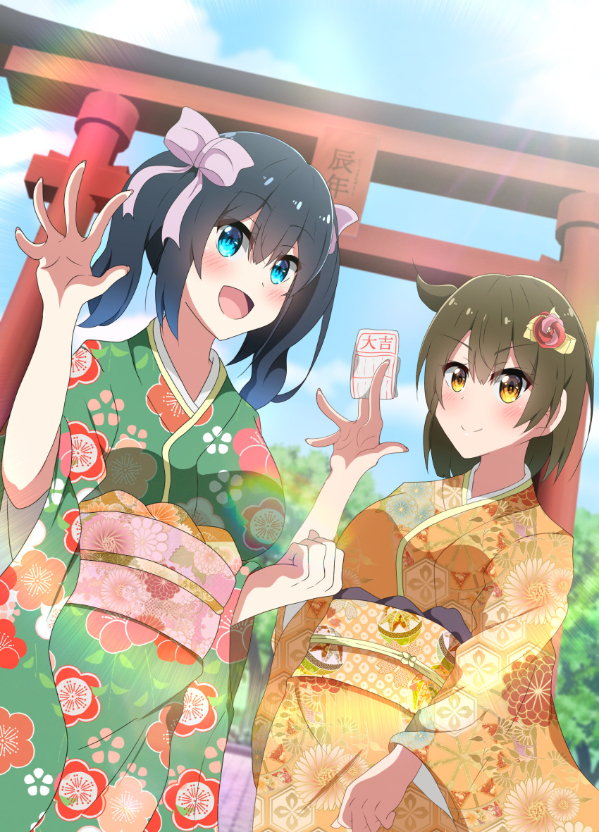 2girls absurdres alternate_costume black_hair blue_eyes blue_sky brown_hair cloud cowboy_shot day dutch_angle floral_print green_kimono hair_ribbon highres hiryuu_(kancolle) japanese_clothes kantai_collection kimono long_hair multiple_girls new_year obi omikuji one_side_up orange_kimono outdoors paper ribbon sash short_hair sky souryuu_(kancolle) torii yellow_eyes yuuhi_(yuyuhihi)