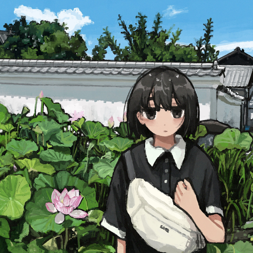 1girl absurdres architecture blue_sky building cloud east_asian_architecture highres lily_pad original polo_shirt scenery sky solo uniunimikan water_lily_flower