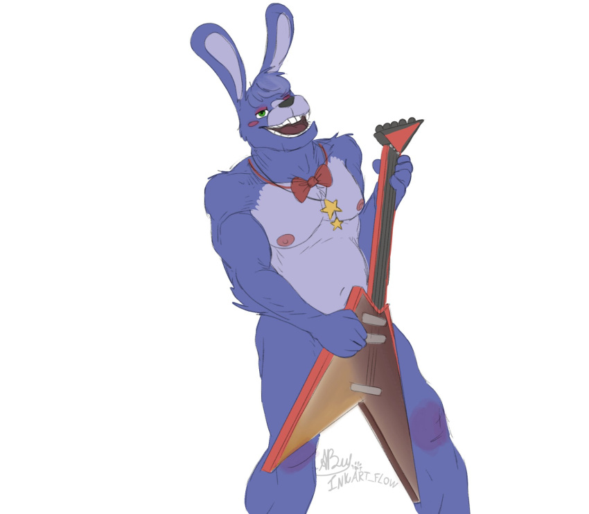2020 anthro areola barazoku biceps bow_tie buckteeth butt chubby_male convenient_censorship five_nights_at_freddy's freddy_fazbear's_pizzeria_simulator fur green_eyes guitar hair half-closed_eyes hi_res inkart_flow lagomorph leporid long_ears looking_at_viewer male mammal manly musical_instrument narrowed_eyes navel nipples nude open_mouth pecs plucked_string_instrument purple_body purple_fur purple_hair rabbit rockstar rockstar_bonnie_(fnaf) short_hair simple_background slightly_chubby smile solo standing star string_instrument teeth triceps video_games white_background