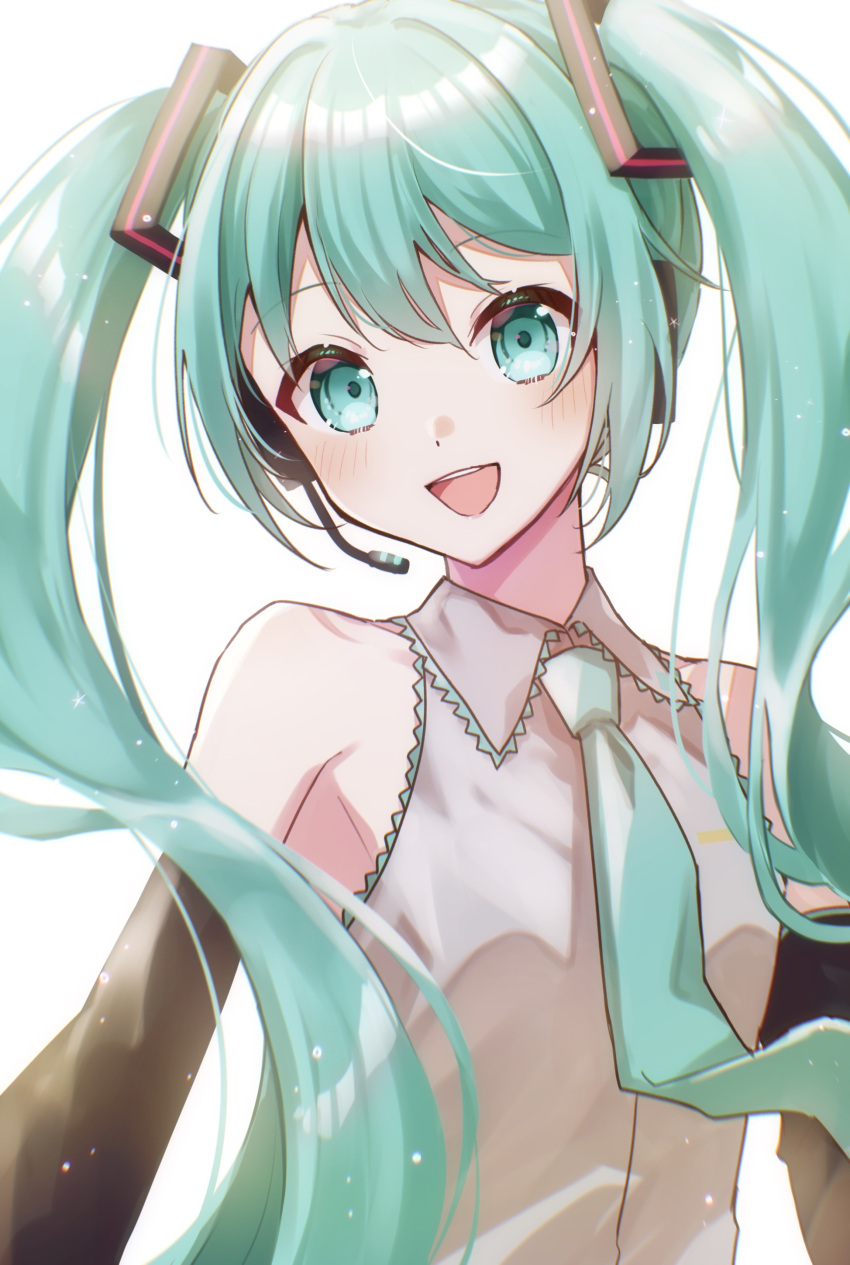 1girl absurdres blue_eyes blue_hair blush collared_shirt detached_sleeves hatsune_miku headset highres long_hair long_sleeves looking_at_viewer necktie open_mouth shirt sleeveless sleeveless_shirt solo teneko02 twintails upper_body very_long_hair vocaloid