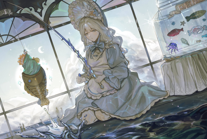 1girl :o apron blonde_hair blue_bow blue_dress blue_eyes blue_headwear blue_sky bonnet bow candy caustics cindymeimezu cloud cloudy_sky crescent_moon dress fish fishing fishing_line fishing_rod food frilled_apron frilled_dress frilled_sleeves frills full_body highres holding holding_fishing_rod indoors jellyfish kneeling long_hair long_sleeves looking_at_viewer moon original seashell shell sky solo_focus starfish taiyaki wagashi water wavy_hair