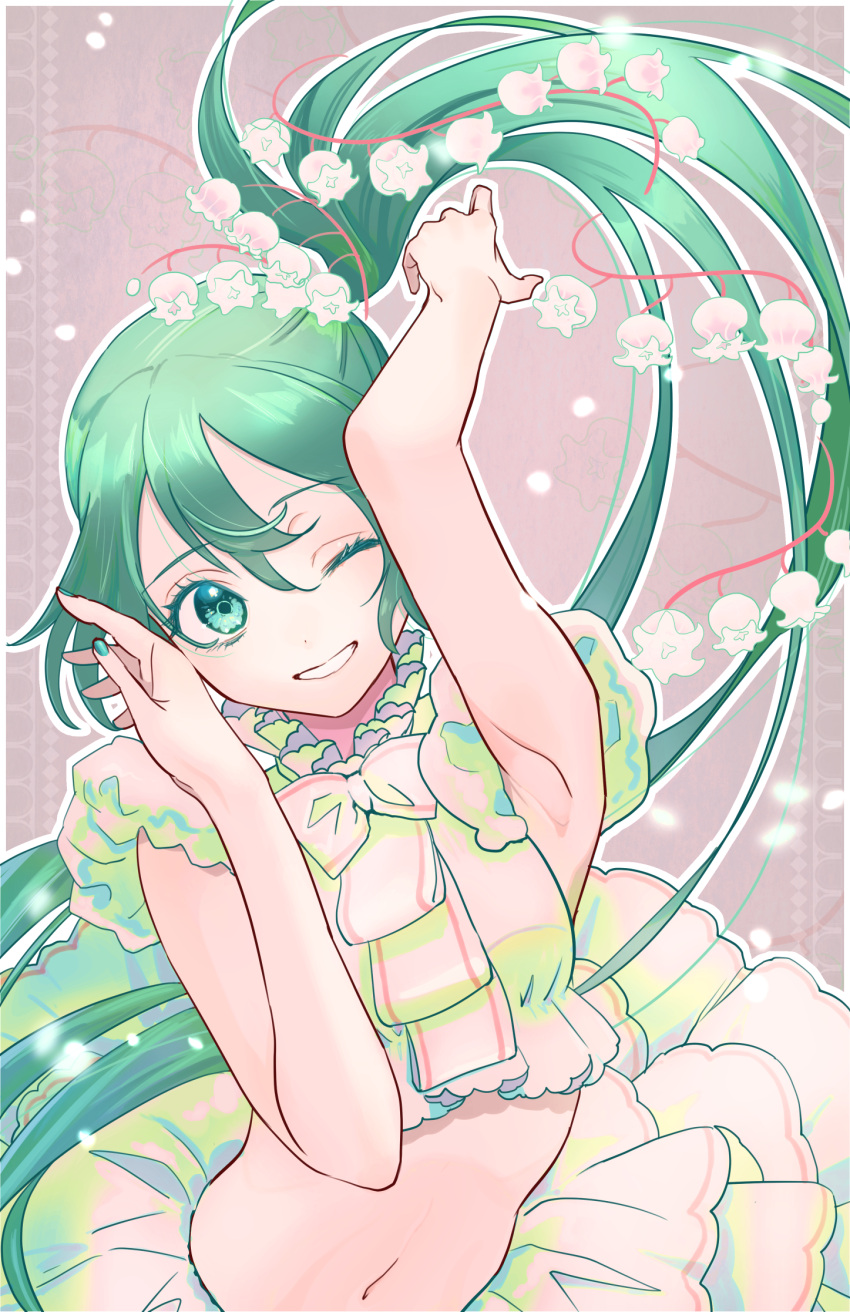 1girl arm_up armpits blue_eyes blush crop_top flower green_hair grin hand_on_own_face hatsune_miku highres lily_of_the_valley long_hair looking_to_the_side midriff nail_polish naimaze_atakamo navel one_eye_closed ponytail short_sleeves skirt smile solo very_long_hair vocaloid