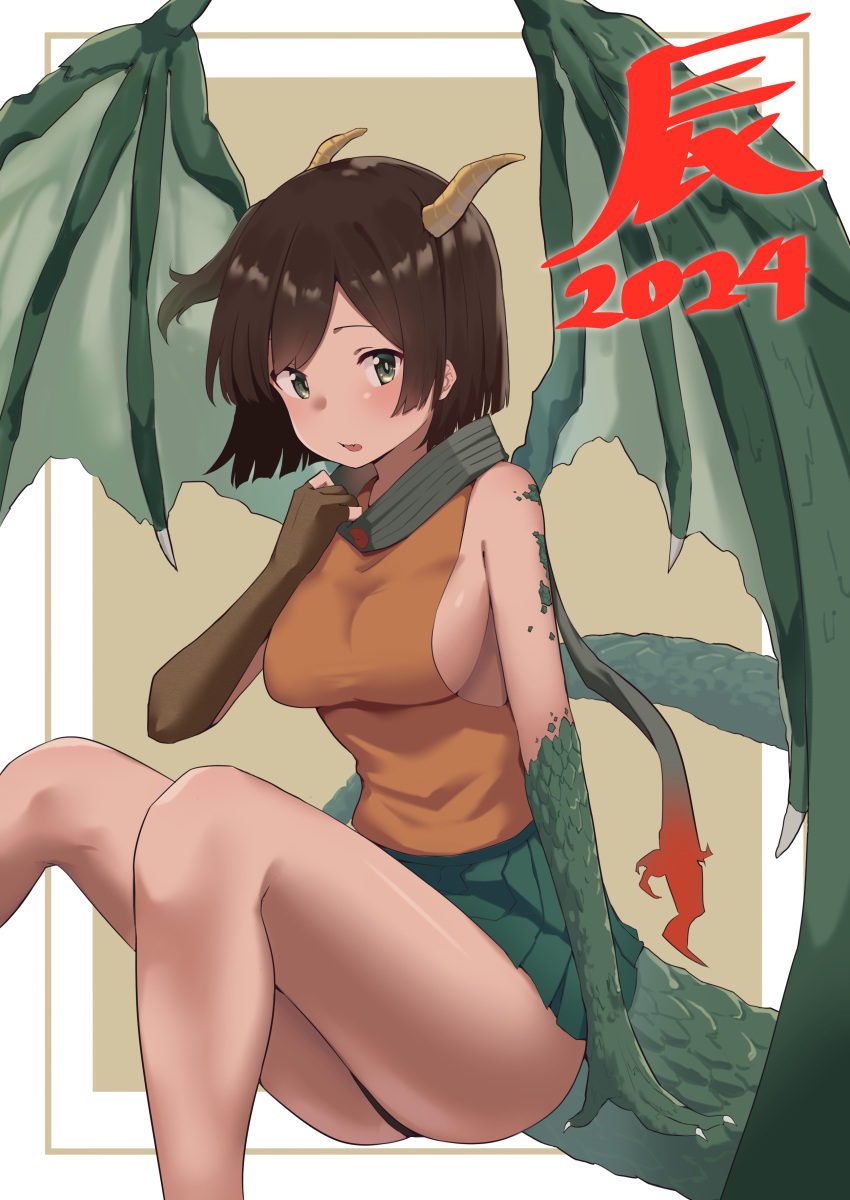 1girl 2024 absurdres adapted_costume breasts brown_gloves brown_hair chinese_zodiac dragon_girl dragon_tail dragon_wings elbow_gloves feet_out_of_frame gloves green_eyes green_scarf green_skirt highres hiryuu_(kancolle) kantai_collection lanthan large_breasts looking_at_viewer miniskirt name_connection one_side_up orange_shirt pleated_skirt scarf shirt short_hair sideboob single_glove sitting skirt sleeveless sleeveless_shirt solo tail wings year_of_the_dragon